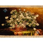 تابلو فرش دستباف تبریز طرح گلدان مسی لاله های سفید چله و گل ابریشم