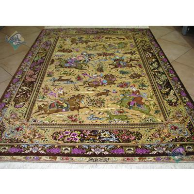 Rug Qom Carpet Handmade Hunting ground Design all Silk