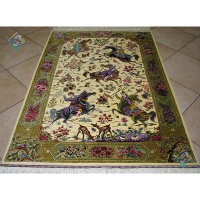 Zar-o-Nim Qom Carpet Handmade Hunting ground Design