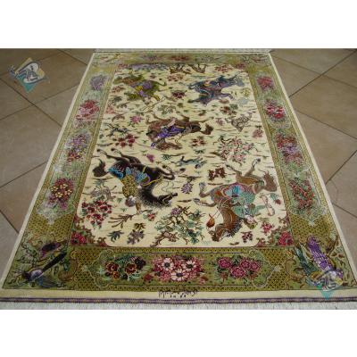 Zar-o-Nim Qom Carpet Handmade Hunting ground Design