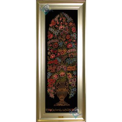 تابلویی فرش دستباف تمام ابریشم قم ستونی گلدانی تولیدی احمدی