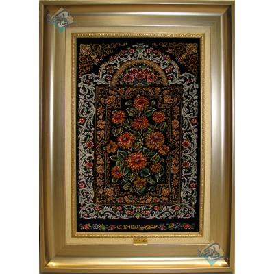 تابلویی فرش دستباف تمام ابریشم قم قابی گل داوودی تولیدی احمدی
