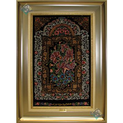 تابلویی فرش دستباف تمام ابریشم قم قابی گل زنبق تولیدی احمدی
