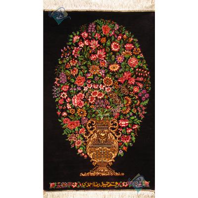 تابلویی فرش دستباف تمام ابریشم قم گلدانی تولیدی احمدی