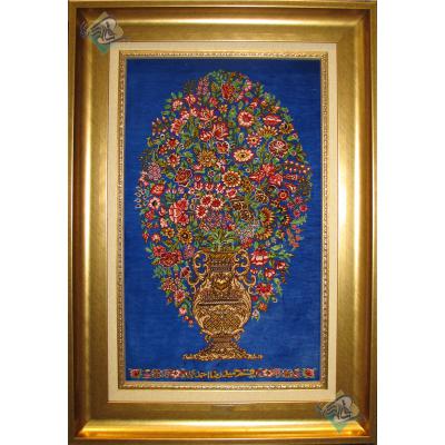 تابلویی فرش دستباف تمام ابریشم قم گلدانی تولیدی احمدی