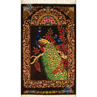 تابلویی فرش دستباف تمام ابریشم قم طرح طاووس تولیدی احمدی بدن قاب