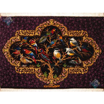 تابلویی فرش دستباف تمام ابریشم قم باغ پرنده تولیدی احمدی