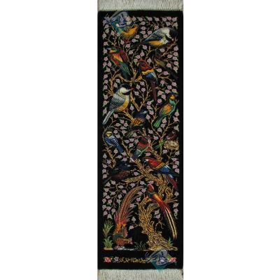 تابلویی فرش دستباف تمام ابریشم قم گل و بلبل ستونی تولیدی احمدی
