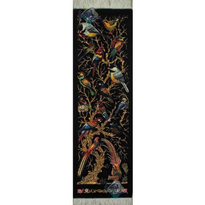 تابلویی فرش دستباف تمام ابریشم قم ستونی گل و بلبل تولیدی احمدی