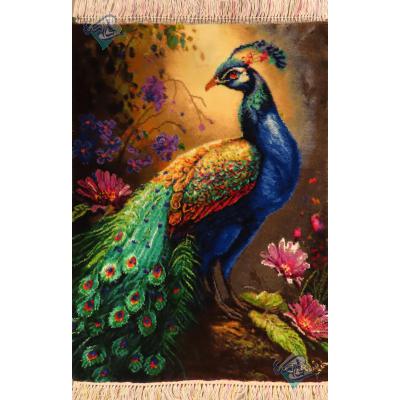 تابلو فرش دستباف تبریز طرح طاووس گل ابریشم بدون قاب