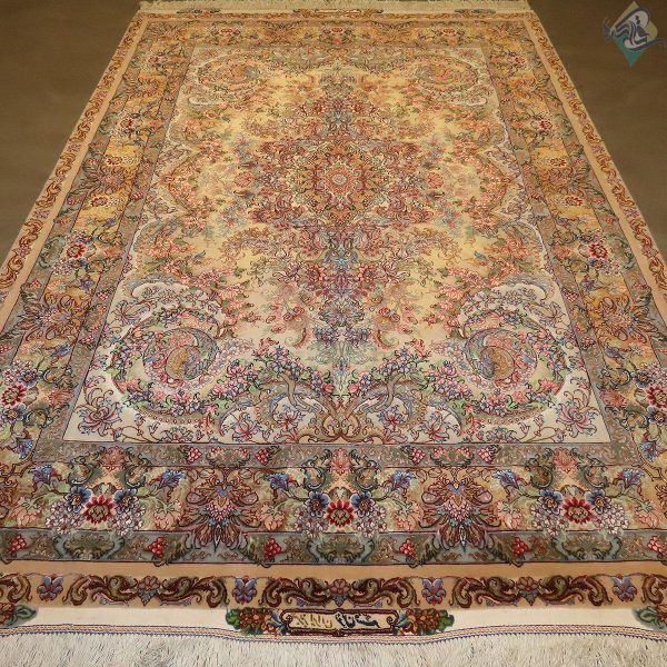 جفت قالیچه دستباف تبریز طرح جدید موج مهر دوکف ابریشم شصت رج واقعی - Image 2