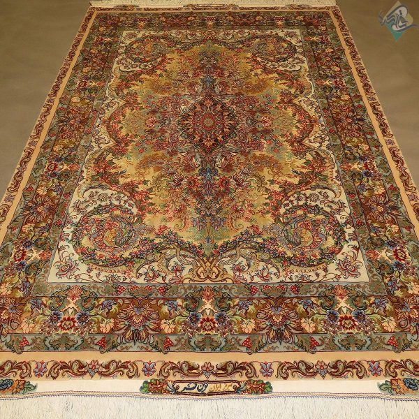 جفت قالیچه دستباف تبریز طرح جدید موج مهر دوکف ابریشم شصت رج واقعی - Image 3