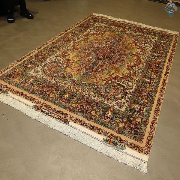 جفت قالیچه دستباف تبریز طرح جدید موج مهر دوکف ابریشم شصت رج واقعی - Image 6