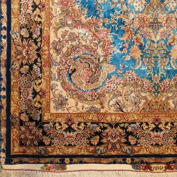 قالیچه دستباف تبریز طرح جدید موج مهر دوکف ابریشم پنجاه و هشت رج - Image 4
