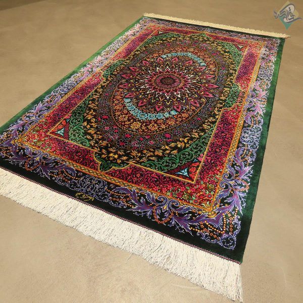 ذرع و نیم دستباف تمام ابریشم قم طرح جدید بوستان تولیدی قالیکده - Image 5
