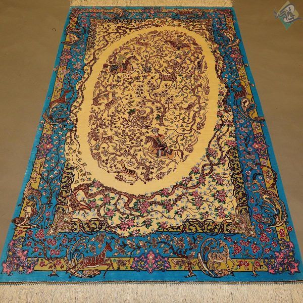 ذرع و نیم دستباف تمام ابریشم قم طرح شکارگاه درختی صادق زاده - Image 2