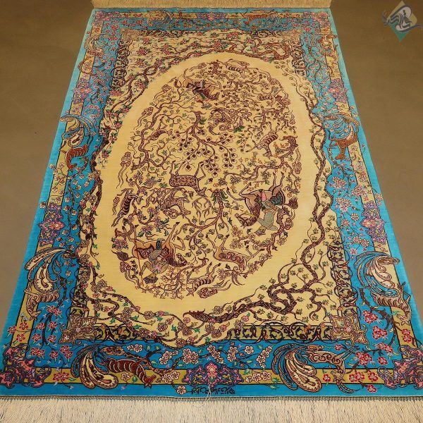 ذرع و نیم دستباف تمام ابریشم قم طرح شکارگاه درختی صادق زاده - Image 3