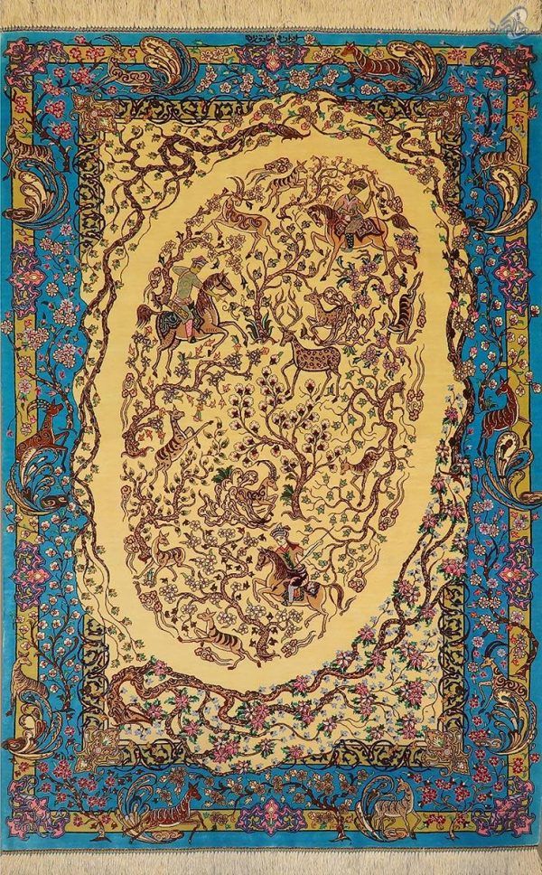 ذرع و نیم دستباف قم تمام ابریشم طرح شکارگاه