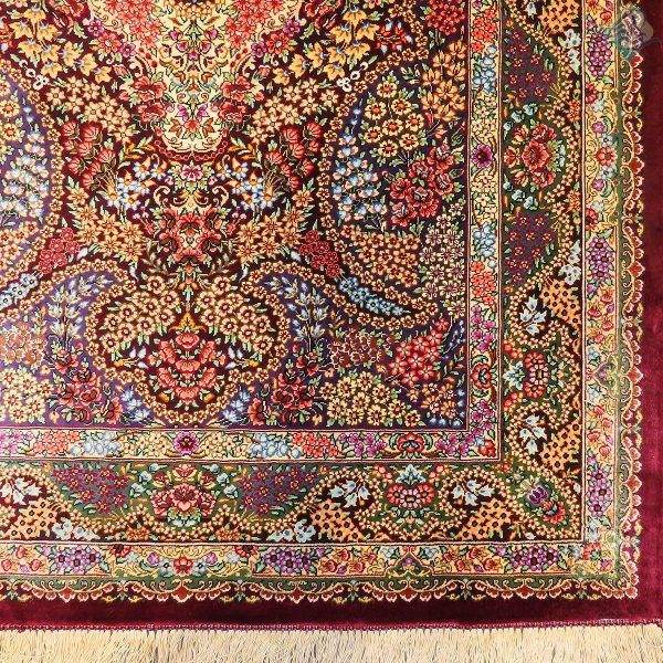 ذرع و چهارک دستباف تمام ابریشم قم طرح گلریز تولید قالیکده تاروپود - Image 4