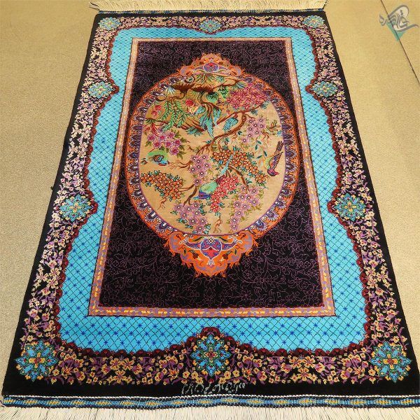 سایز پشتی دستباف تمام ابریشم قم طرح ترنجی گل و بلبل صادق زاده - Image 3