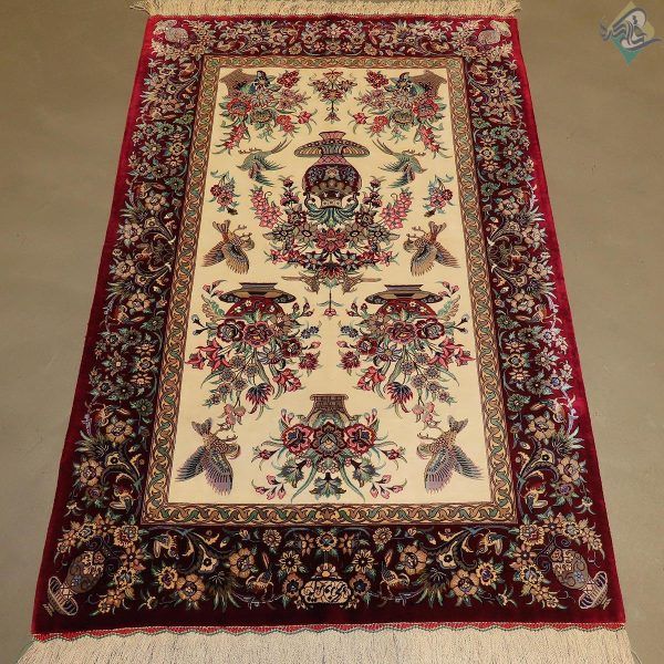 ذرع وچهارک دستباف تمام ابریشم قم گلدانی دسته گلی تولیدی روزگرد - Image 3