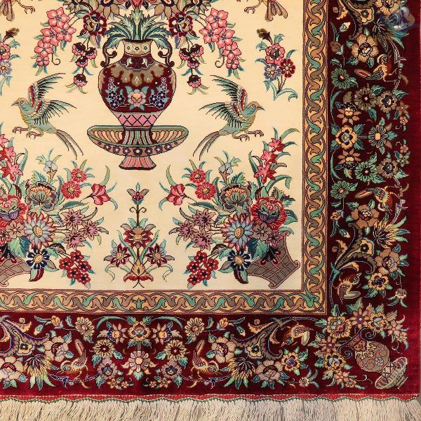 ذرع وچهارک دستباف تمام ابریشم قم گلدانی دسته گلی تولیدی روزگرد - Image 4