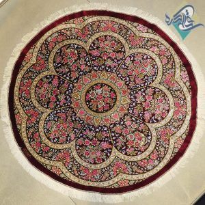فرش دایره دستباف تمام ابریشم قم مارک کاظمی