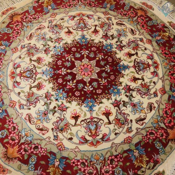 فرش دستباف دایره تبریز قطر یک مترطرح علیا گل ابریشم - Image 5