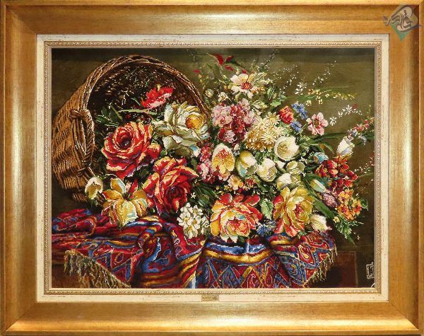 تابلو فرش دستباف تبریز طرح سبد عرضی گل گل ابریشم