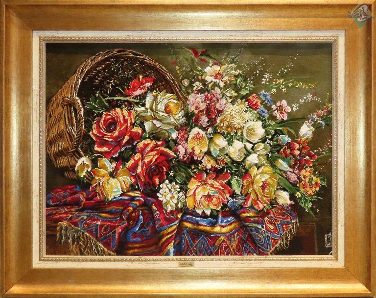 تابلو فرش دستباف تبریز طرح سبد عرضی گل گل ابریشم