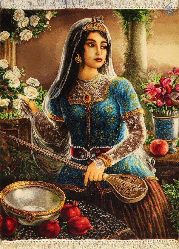 تابلو فرش دستباف تبریز طرح دختر قاجار چله و گل ابریشم - Image 2