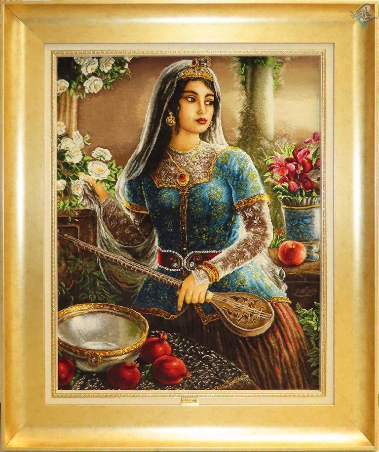 تابلو فرش دستبافت تبریز طرح دختر قاجار چله و گل ابریشم