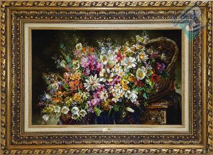 تابلو فرش دستبافت تبریز طرح سبد گل عرضی ابریشم