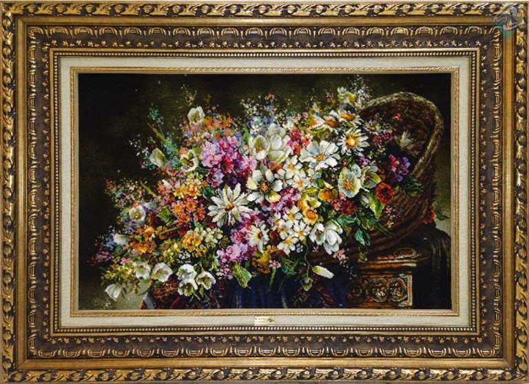 تابلو فرش دستبافت تبریز طرح سبد گل عرضی ابریشم