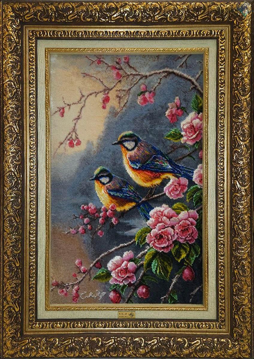 تابلو فرش دستباف تبریز طرح دو پرنده گل ابریشم