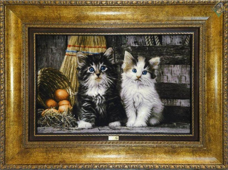 تابلو فرش دستباف دو گربه گل ابریشم