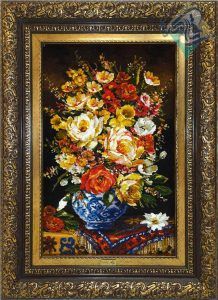 تابلو فرش دستباف تبریز طرح گلدان گل روی فرش