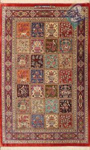 فرش دستی کامل ابریشم قم سایز زرونیم نقش خشتی